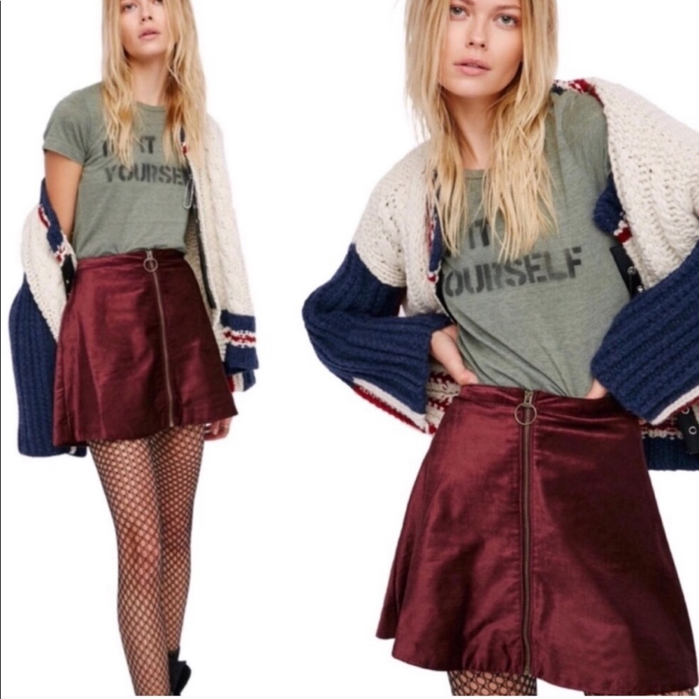 Free people zip up velvet maroon a frame high waste mini skirt size 8